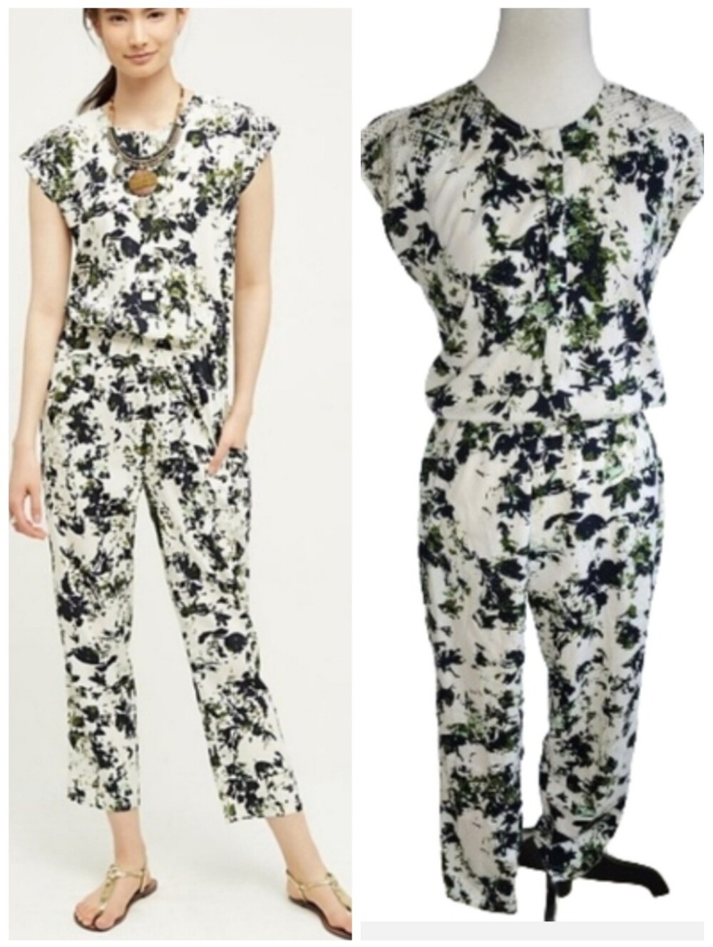 Anthropologie Ranna Gill floral silky short sleeve jumpsuit women's size small